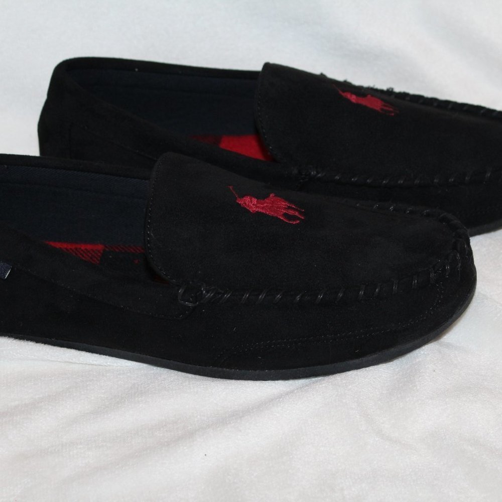 NIB MEN'S POLO RALPH LAUREN MEN'S LUXURY SLIPPERS BLACK RED - Picture 3 of 7